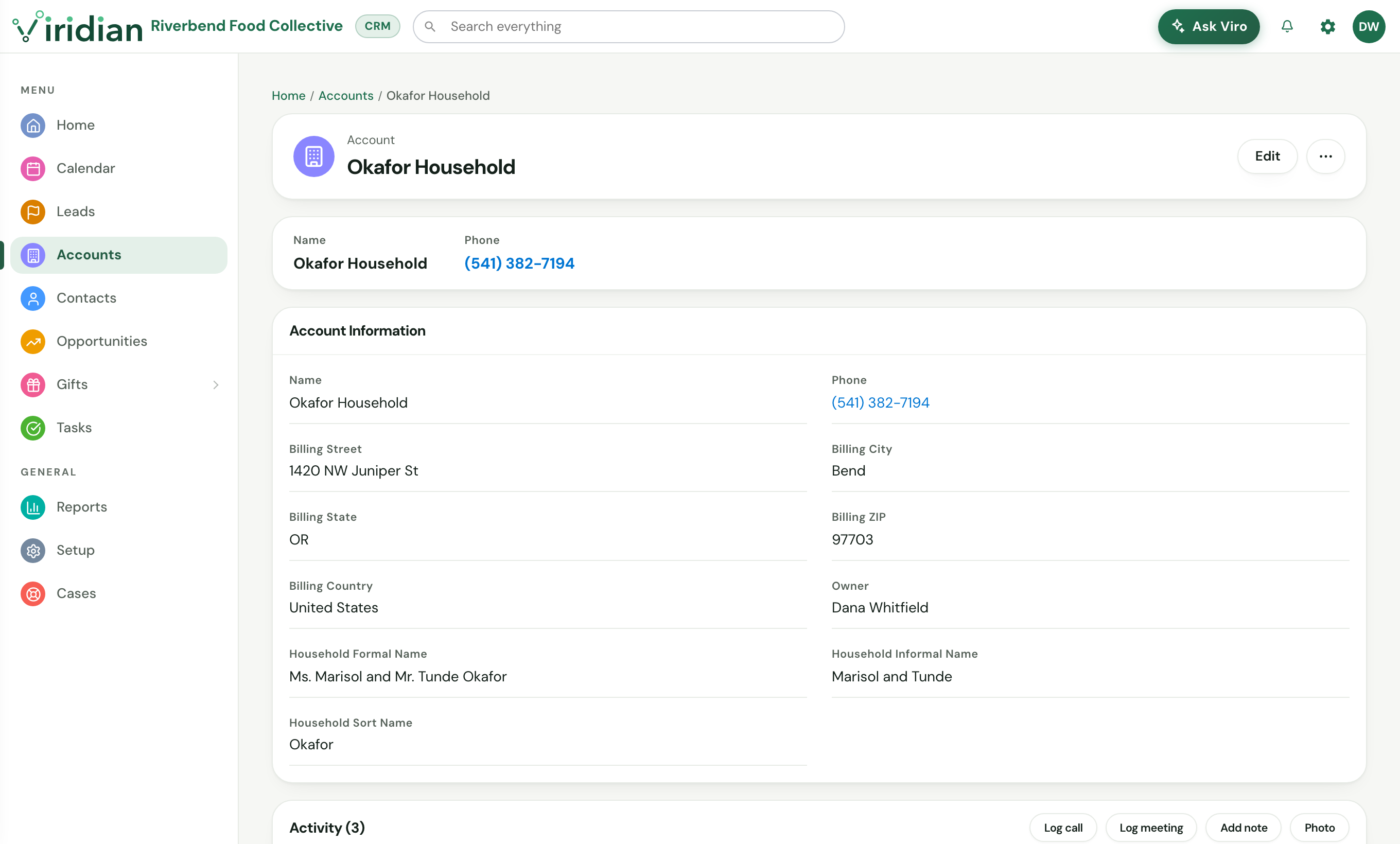 The Okafor Household account in Viridian with its address, owner and household names.