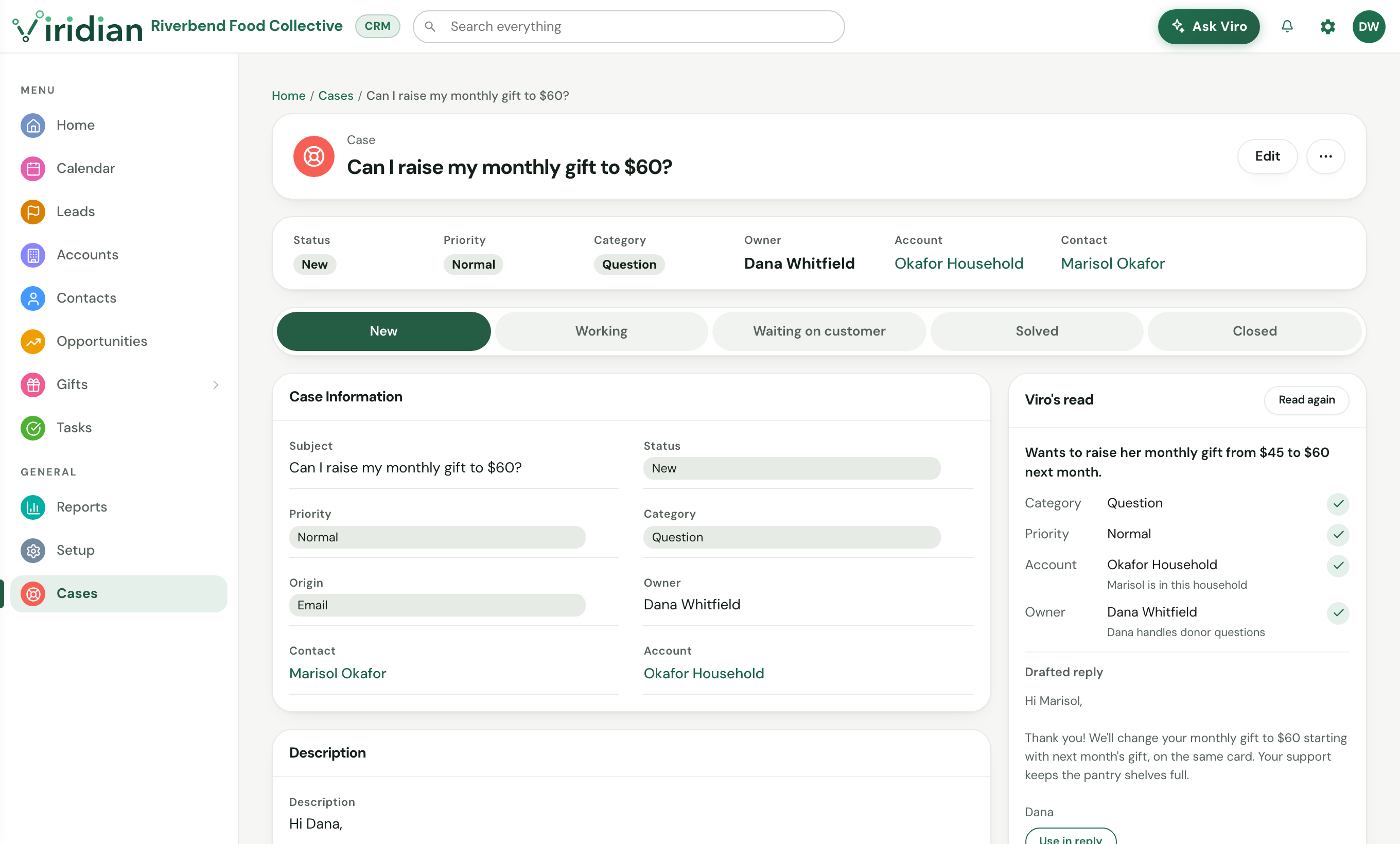 A support case in Viridian with Viro's read, the suggested owner and a drafted reply.