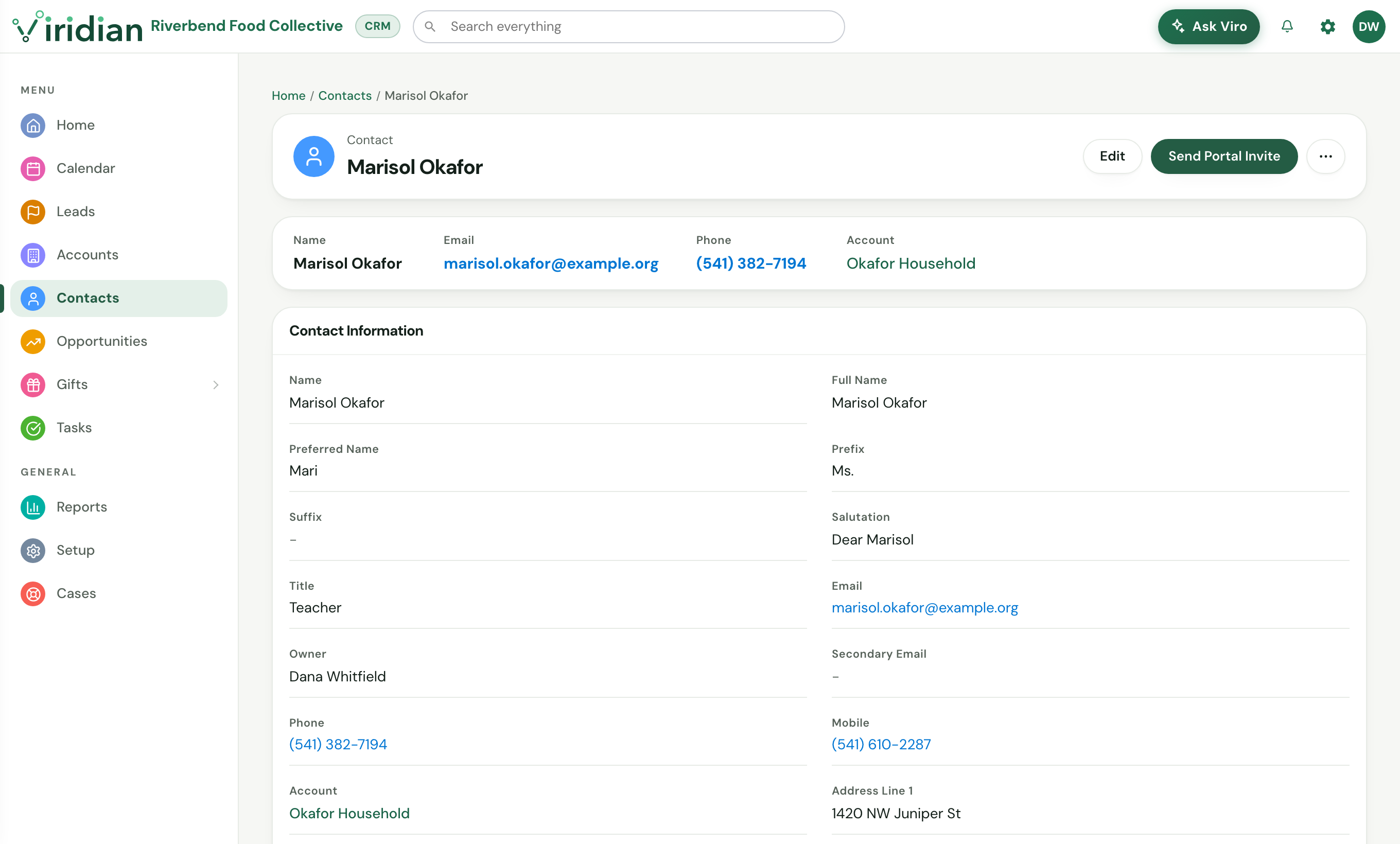 Marisol Okafor's contact record in Viridian with her email, phones and household.