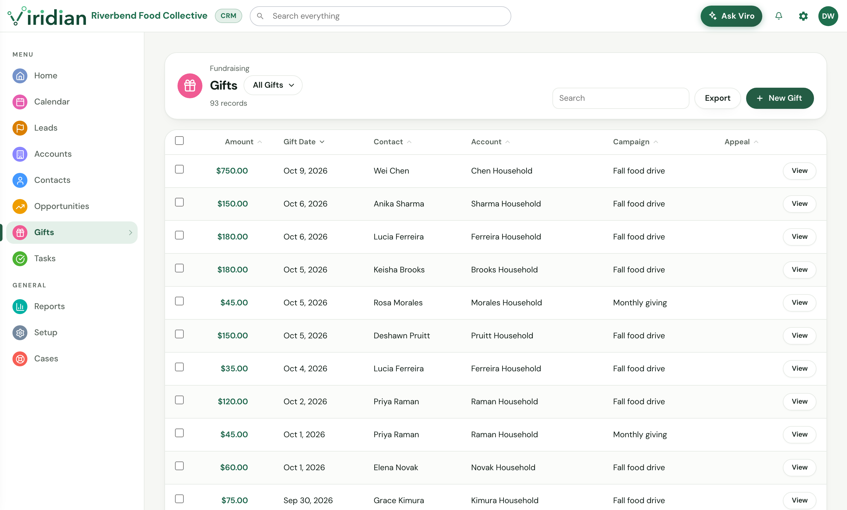 The Gifts list in Viridian with amounts, dates, donors, households and campaigns.