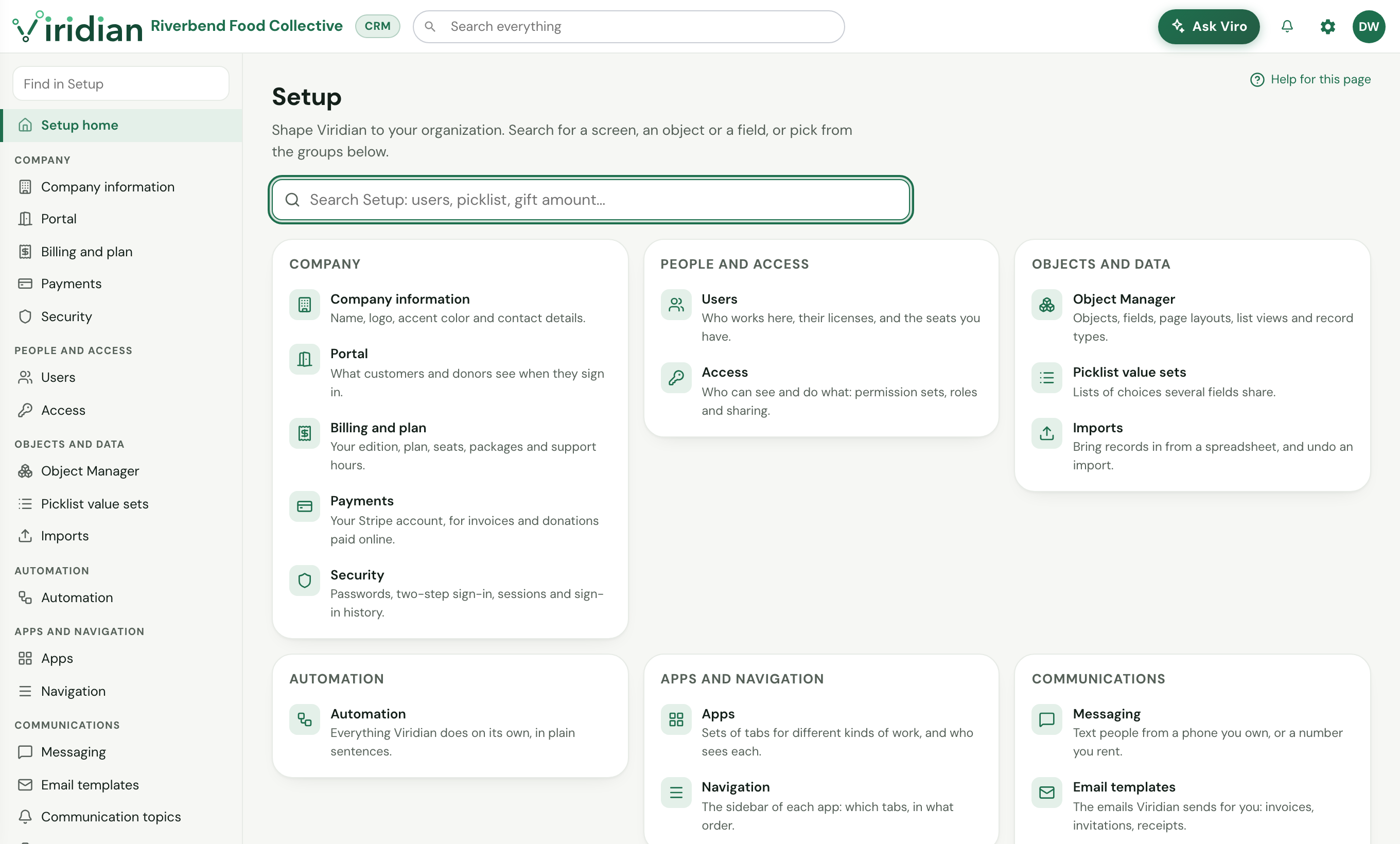 Viridian Setup with company, people and access, objects and data, and automation.