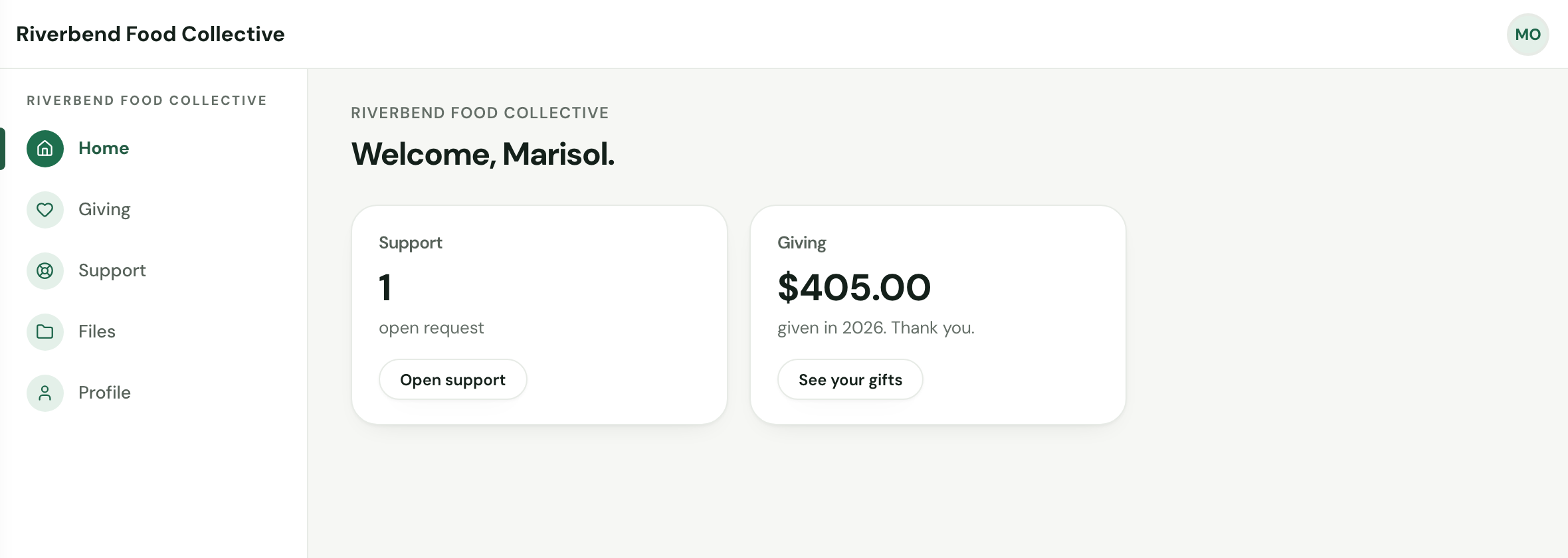 A donor's portal home: their open support request and their giving this year.